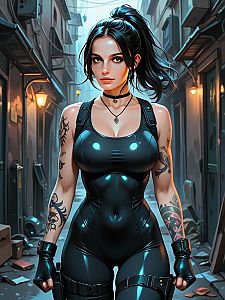 Confident Woman in Tactical Bodysuit in Urban Alley