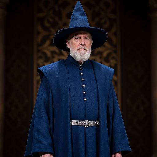 Elderly Man in Blue Wizard Costume with Pointed Hat