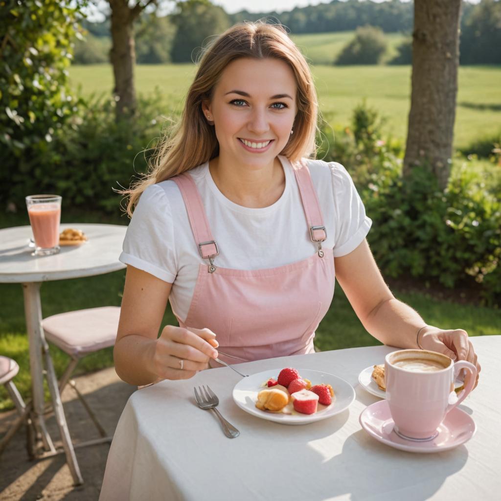 Woman Enjoying Sunny Outdoor Breakfast