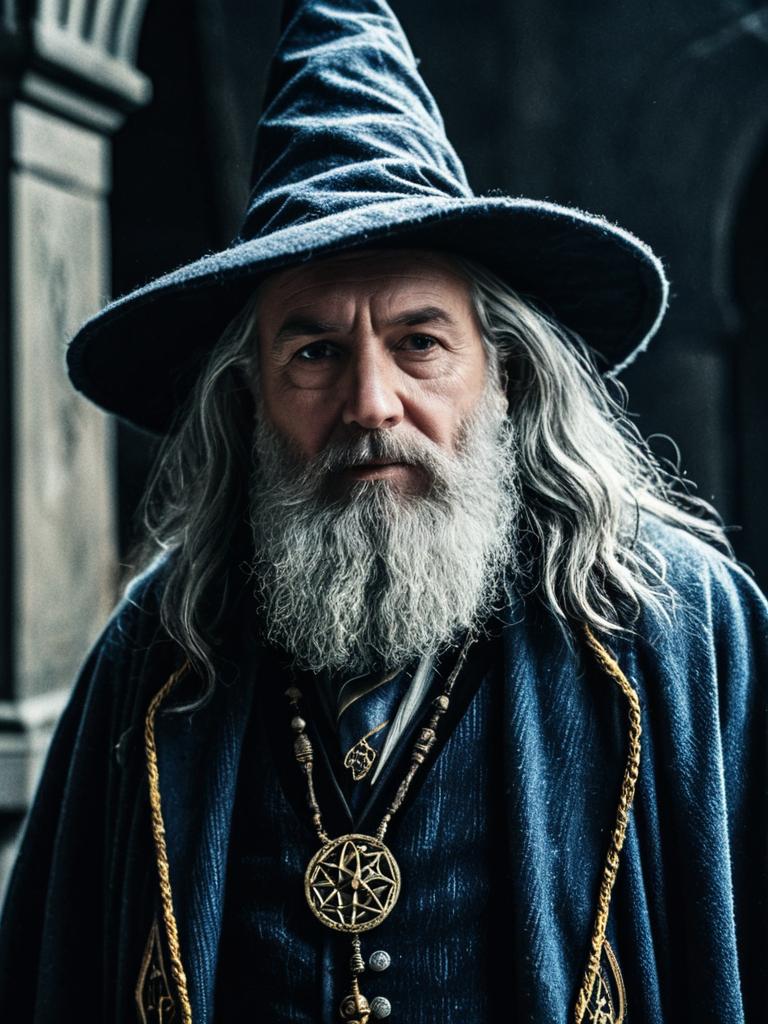 Cinematic Realism Portrait of Man in Wizard Costume with Long White Beard