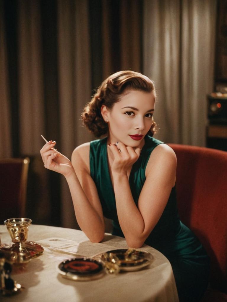 Vintage Hollywood Glamour Woman in Green Dress