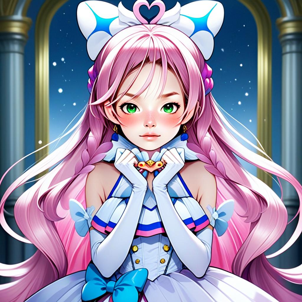 Anime Style Pink-Haired Woman in Elegant White and Blue Dress with Bow