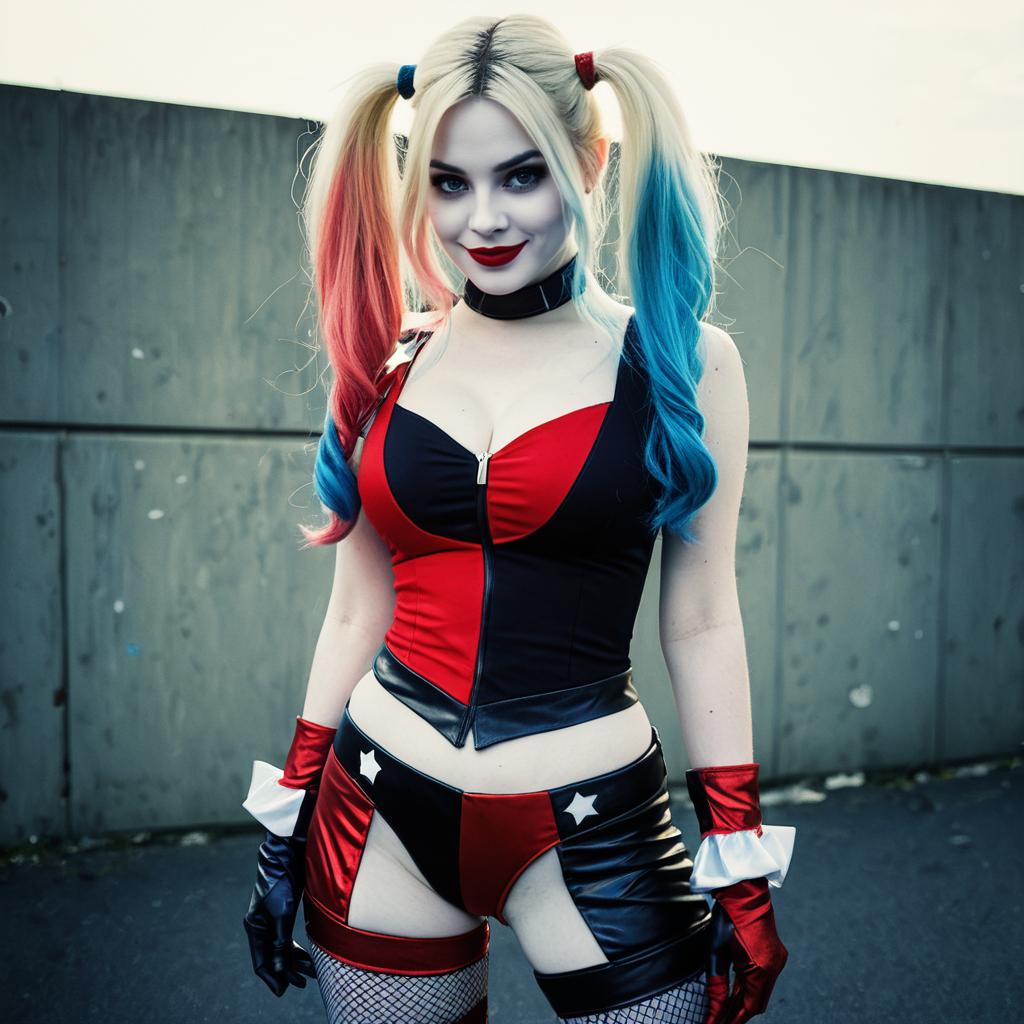 Harley Quinn Cosplay Woman in Red and Black Costume with Colored Pigtails