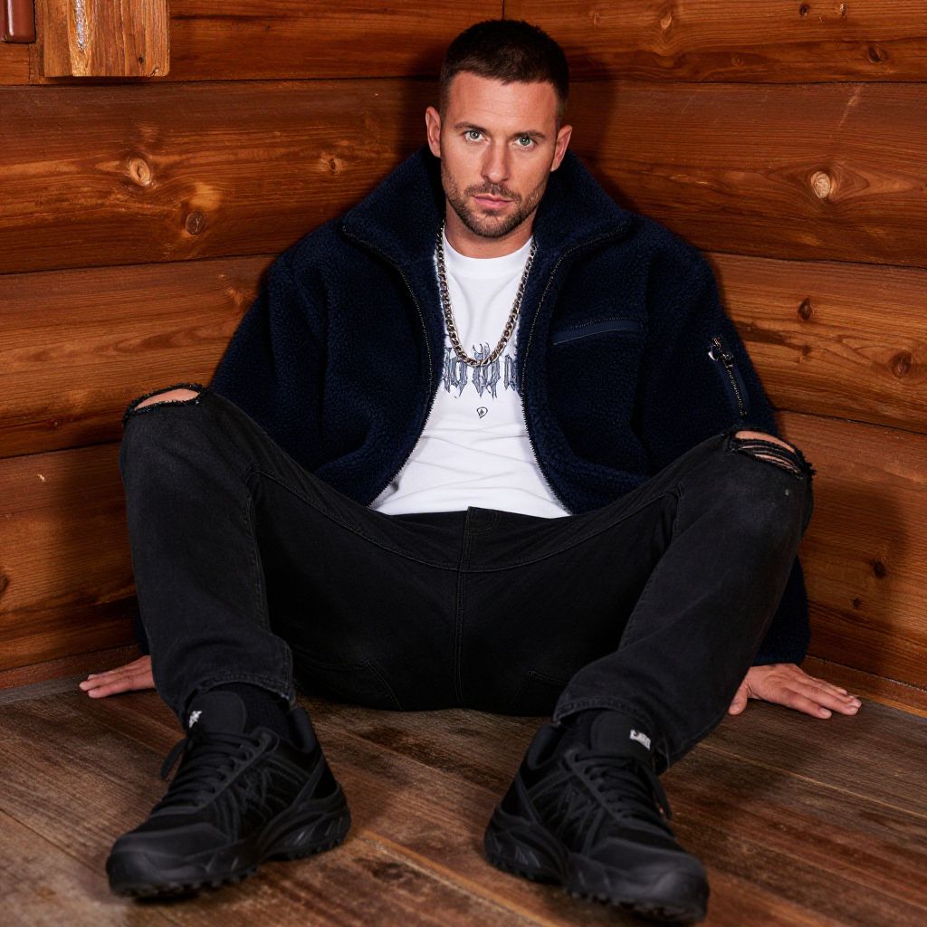 Casual Young Man in Navy Fleece Jacket and Ripped Black Jeans Sitting on Wooden Floor