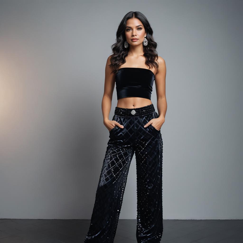 Woman in Elegant Black Velvet Bandeau Top and Sequin Embellished Pants
