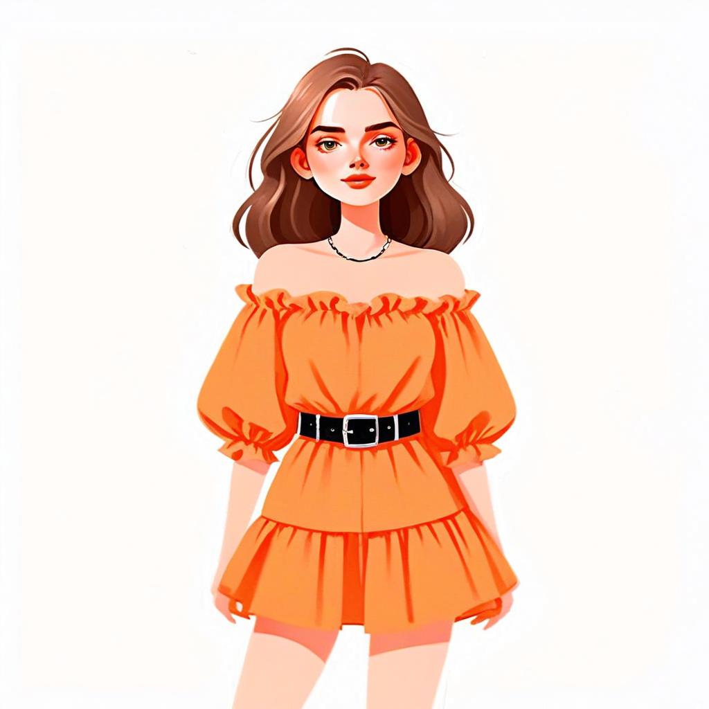 Woman with Pretty Face and Hair in Casual Boho Orange Dress Illustration