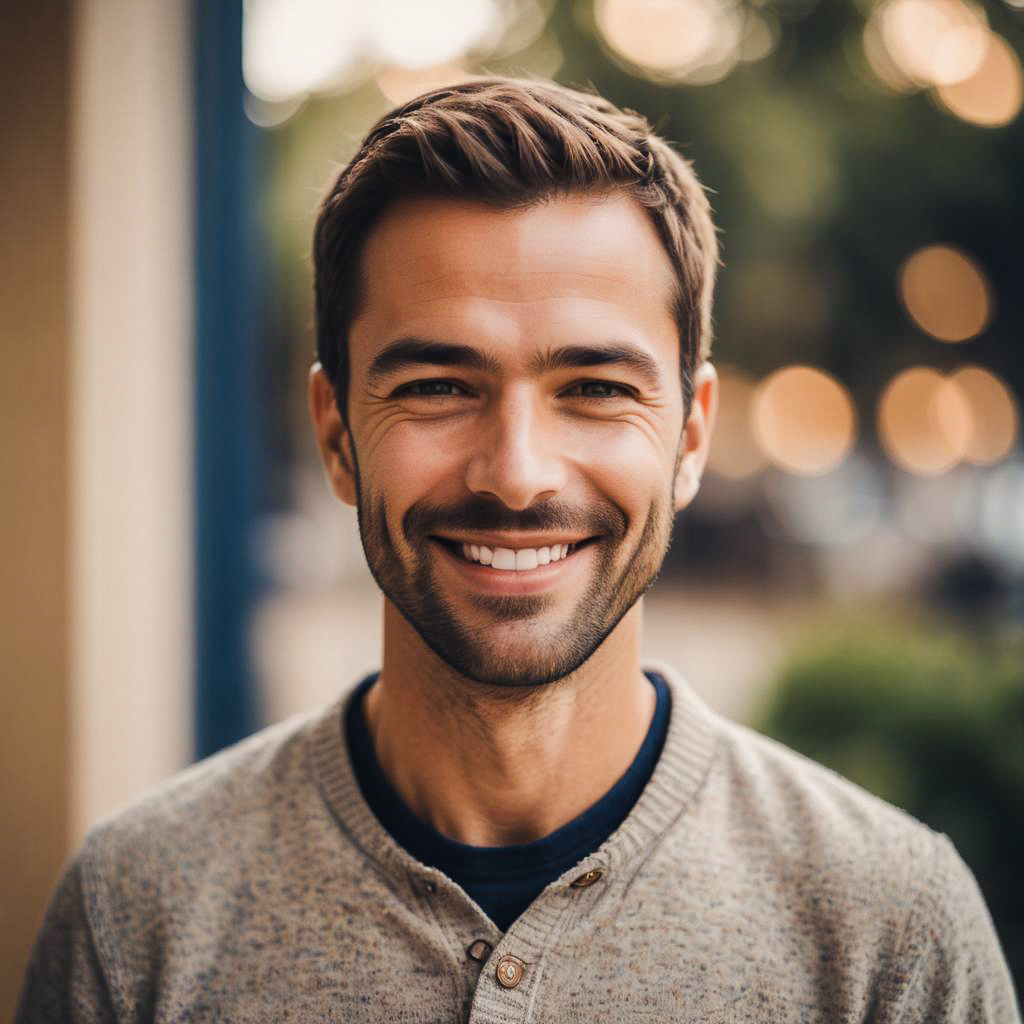 Smiling Man in Casual Sweater with Bokeh Background