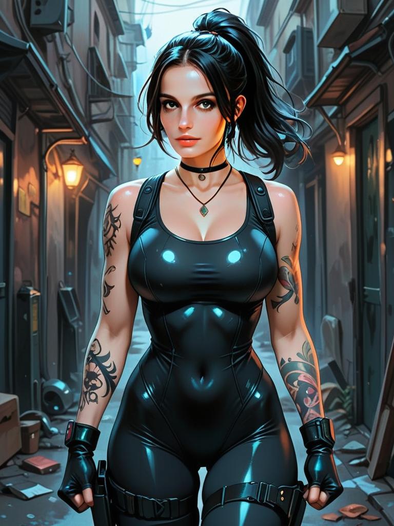 Confident Woman in Tactical Bodysuit in Urban Alley Confident Woman in Tactical Bodysuit in Urban Alley