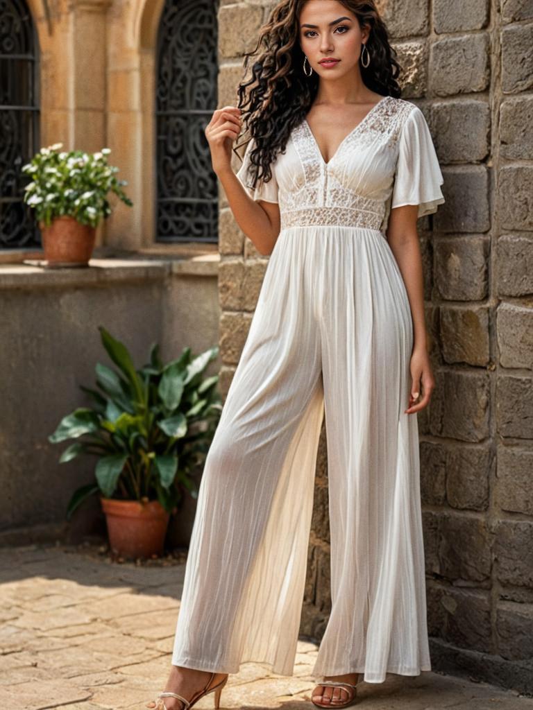 Confident Woman in Chic White Jumpsuit Against Rustic Wall