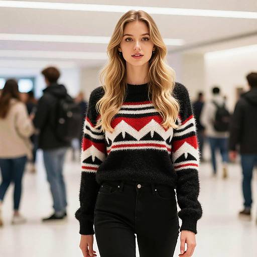 Young Woman Wearing Geometric Patterned Sweater in Modern Indoor Setting
