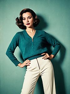 Vintage Inspired Woman in Teal Sweater and Cream Pants Fashion Portrait