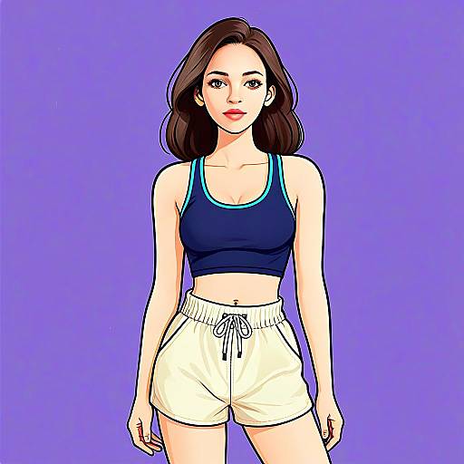 Sporty Woman in Deep Navy Blue Tankini and Beige Shorts Illustration