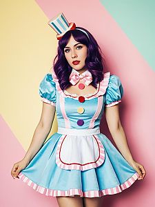 Woman in Candyland Cosplay Costume with Pastel Background