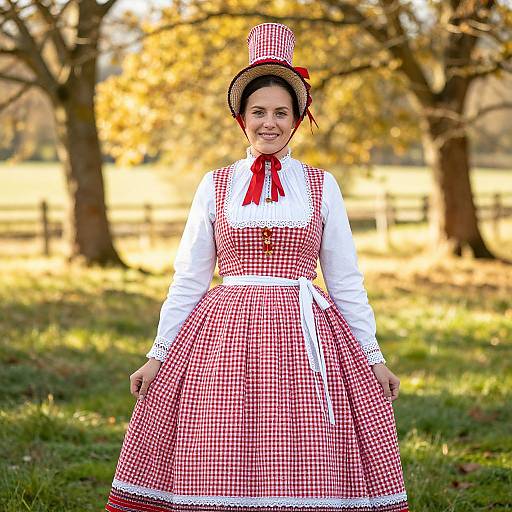 Woman in Traditional Red and White Gingham Folk Dress Outdoors
