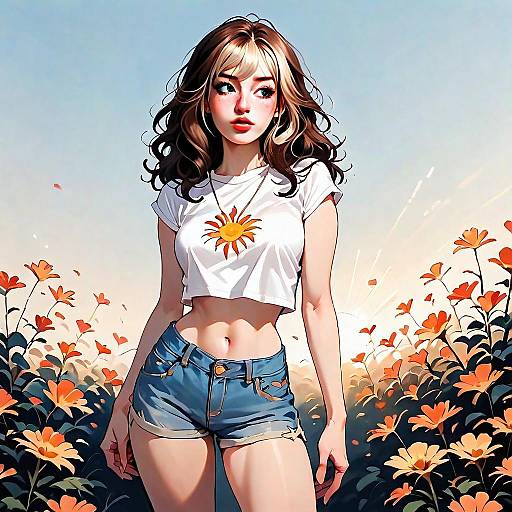 Anime-Style Young Woman in Flower Field Wearing Sun T-Shirt and Denim Shorts