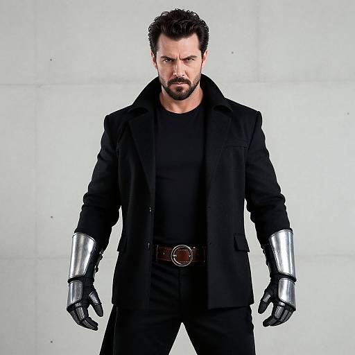 Man in Black Outfit with Metallic Gauntlets Fashion Portrait