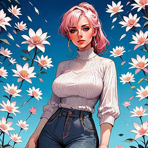 Digital Art of Pink-Haired Woman with Flowers Against Blue Sky