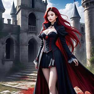 Confident Woman with Red Hair in Gothic Outfit at Medieval Castle