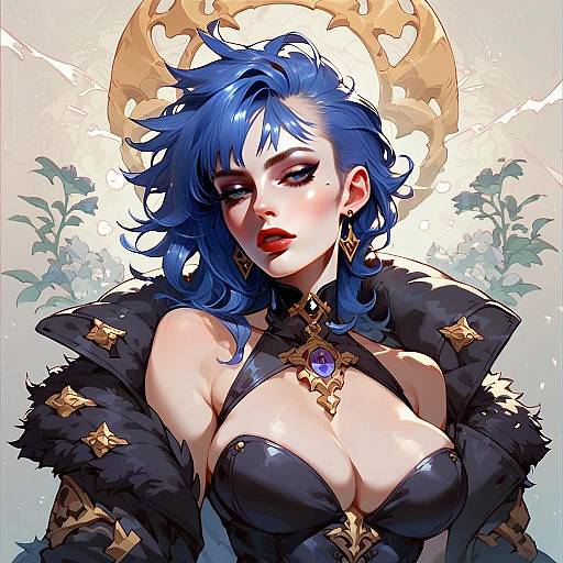 Anime Style Blue-Haired Woman in Ornate Fantasy Outfit Digital Art