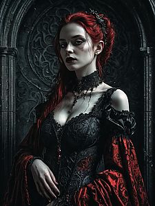 Gothic Red-Haired Woman in Detailed Black Corset Dress