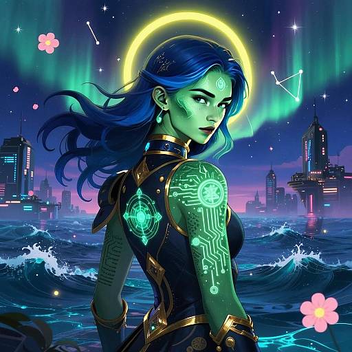 Futuristic Woman with Circuitry Tattoos in Cyberpunk Ocean Cityscape