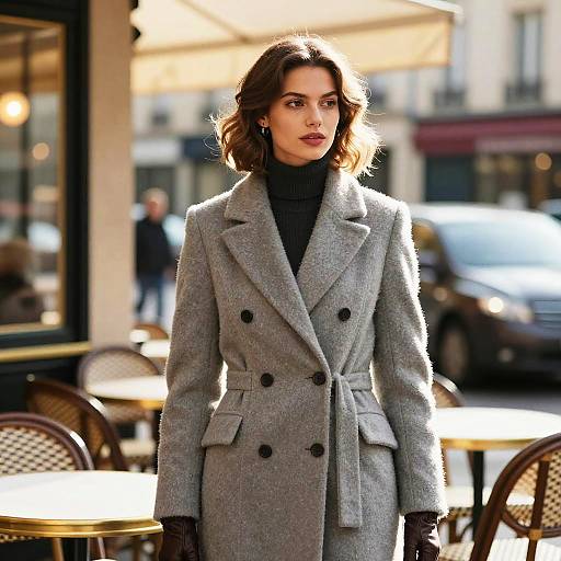 Elegant Woman Wearing Grey Wool Coat at Outdoor Café in City