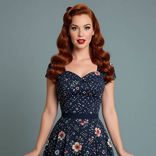 Vintage Style Woman in Floral Navy Blue Dress with Red Hair
