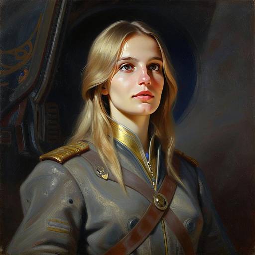 Vintage Military Style Portrait of Young Woman in Oil Painting