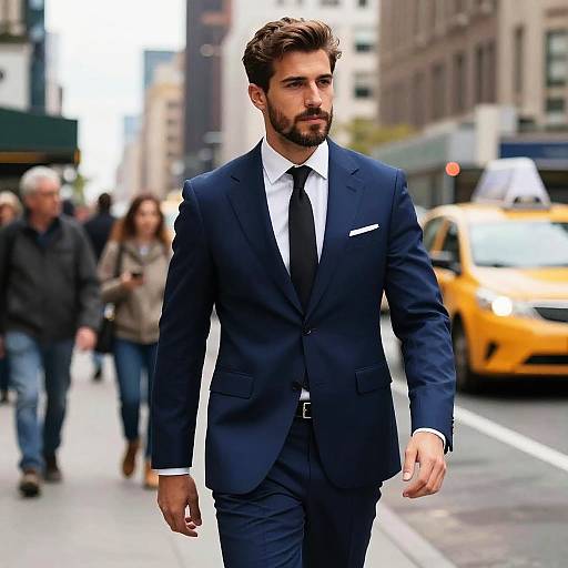 Confident Man in Navy Blue Suit Walking on City Street