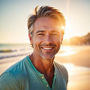 Smiling Mature Man on Sunny Beach at Golden Hour