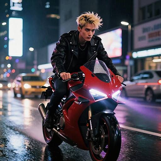 Gen Z Youth Riding Red Sport Motorcycle on Wet City Street at Night