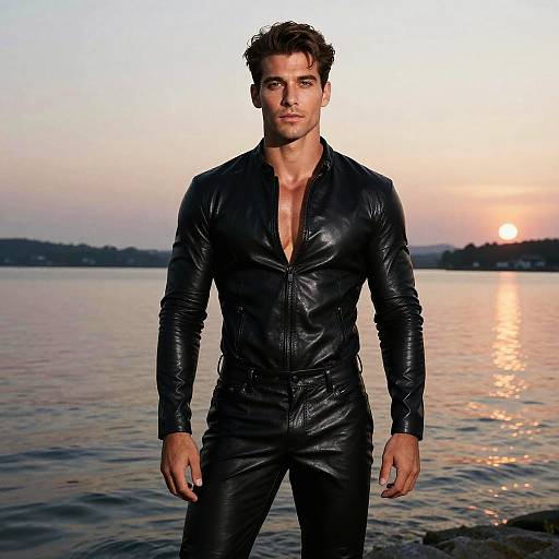 Young Man in Black Leather Jacket by Waterfront at Sunset