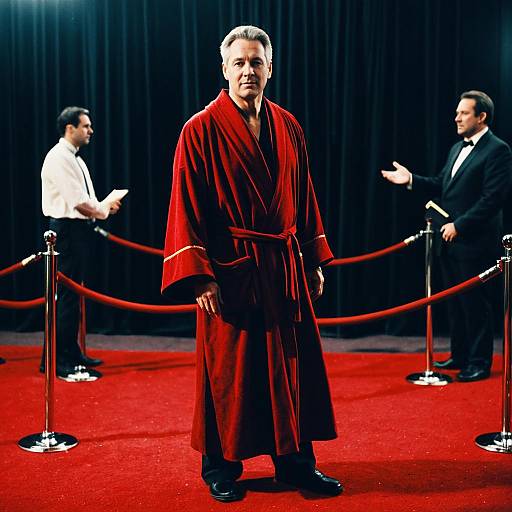 Man in Red Robe Standing on Red Carpet at Movie Event