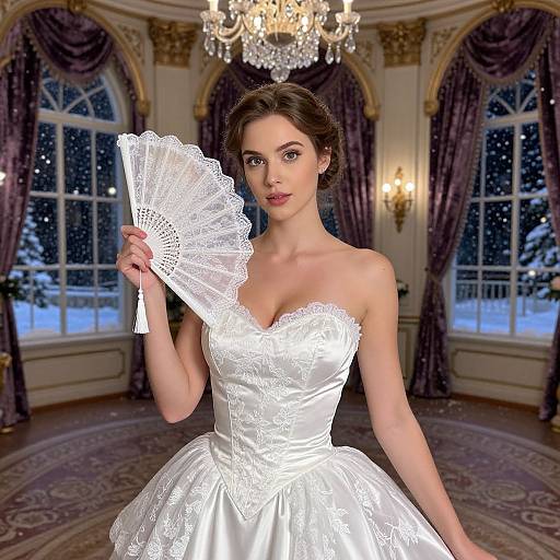 Elegant Woman in White Victorian Ball Gown with Lace Fan in Luxurious Snowy Room