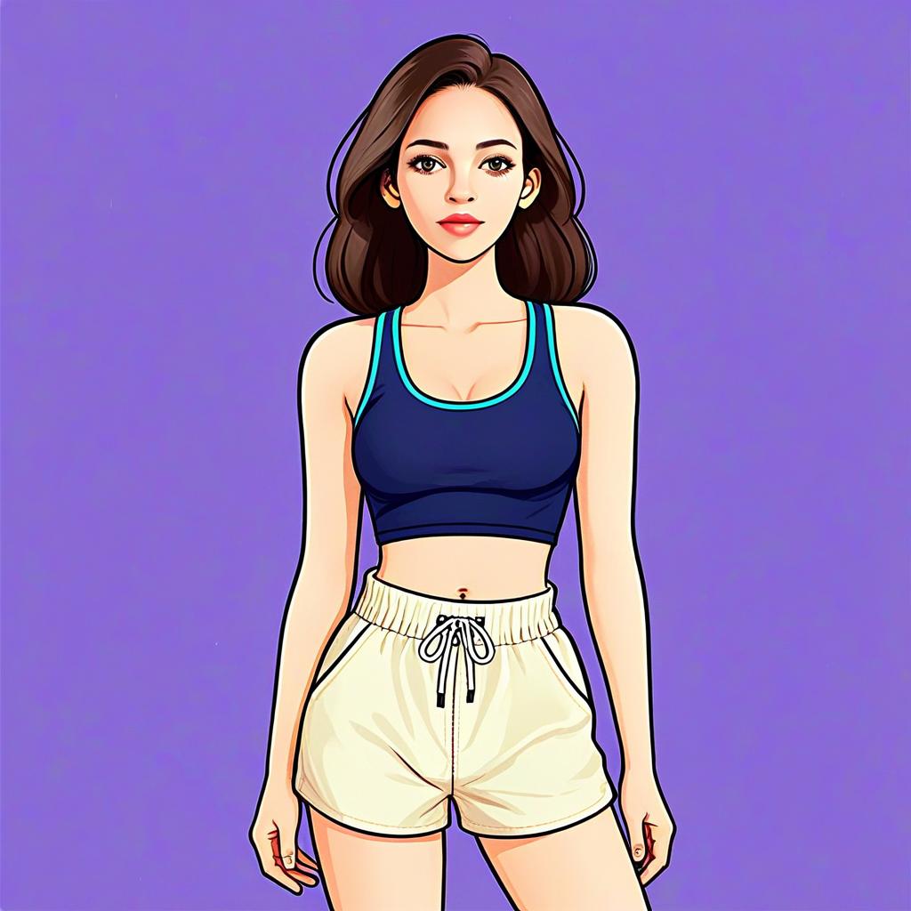 Sporty Woman in Deep Navy Blue Tankini and Beige Shorts Illustration
