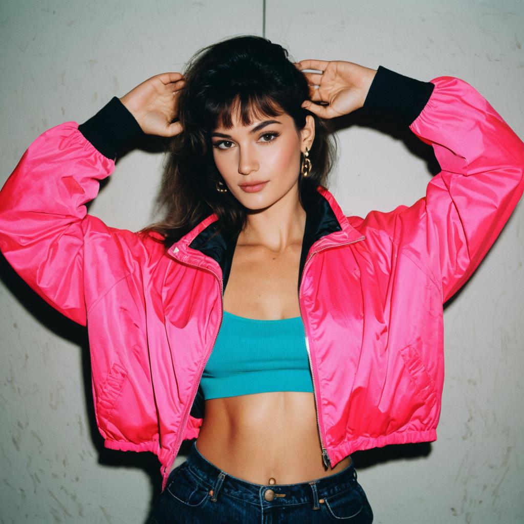 Young Woman in Pink Bomber Jacket and Turquoise Crop Top Fashion Portrait