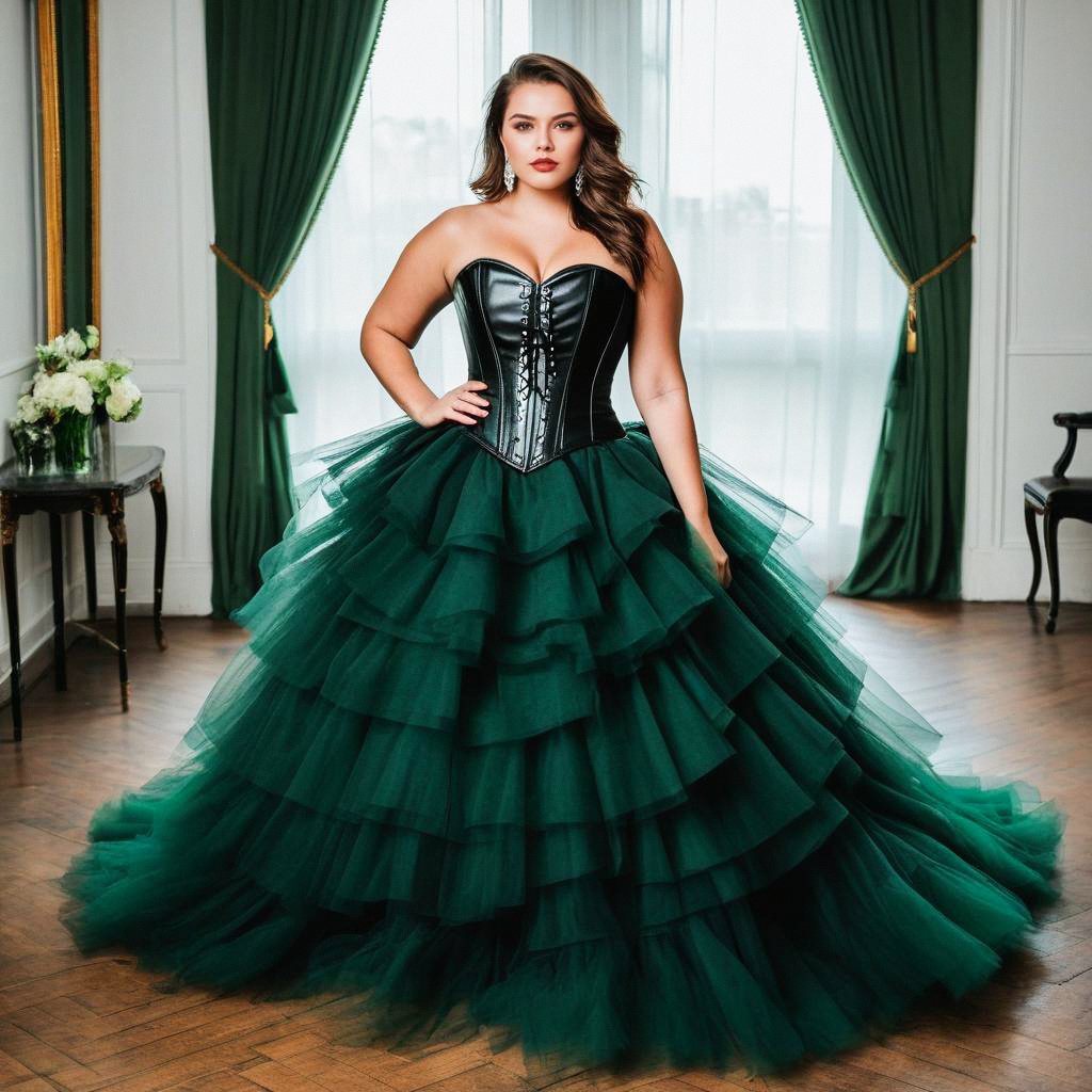 Elegant Woman in Dark Green Tulle Gown