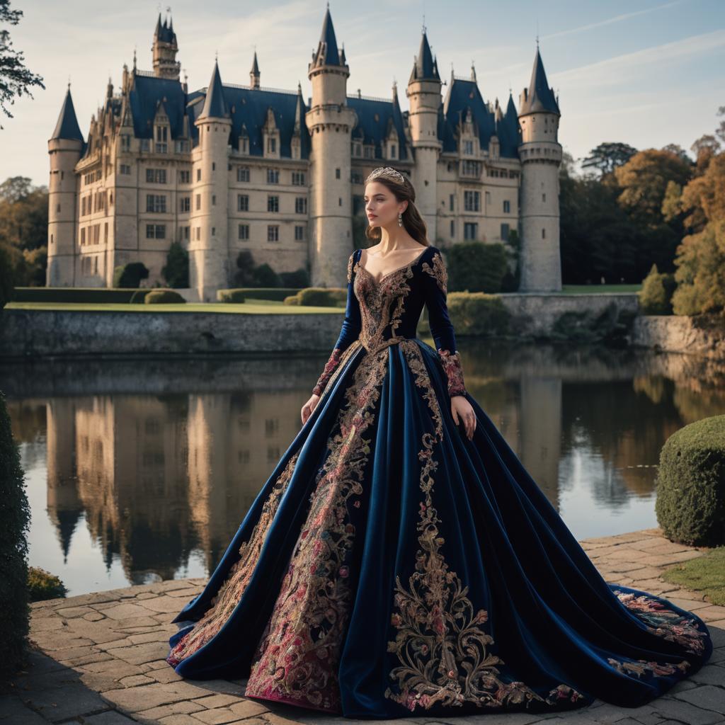 Elegant Woman in Opulent Gown at Castle