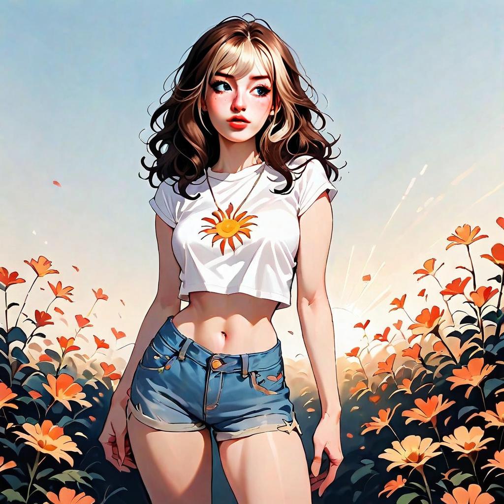 Anime-Style Young Woman in Flower Field Wearing Sun T-Shirt and Denim Shorts