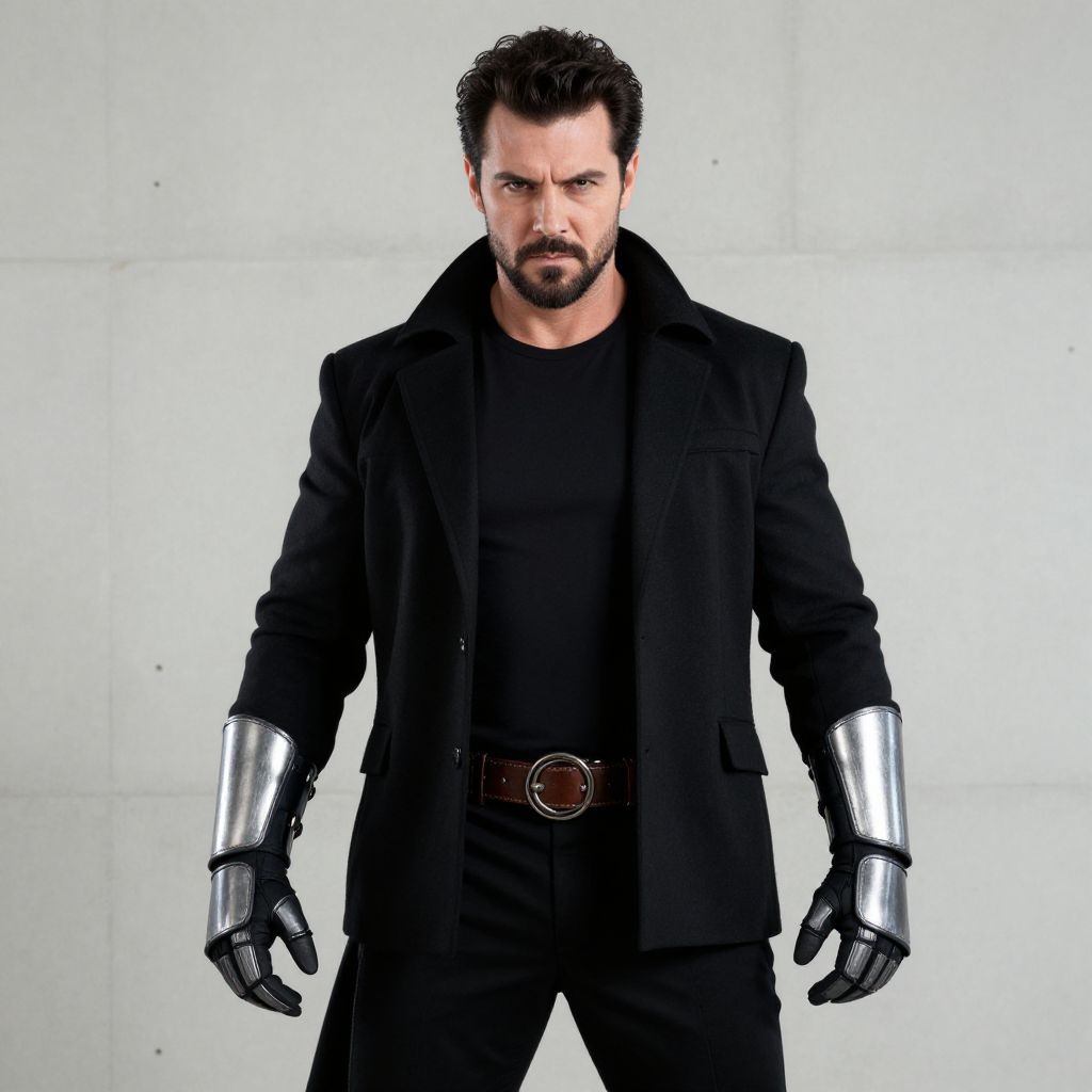 Man in Black Outfit with Metallic Gauntlets Fashion Portrait