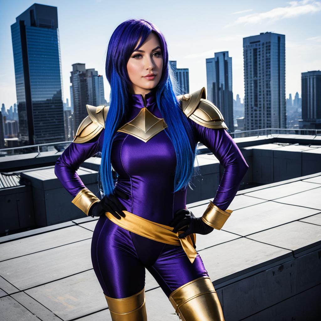 Woman in Futuristic Purple Gold Superhero Costume with Blue Hair on Rooftop