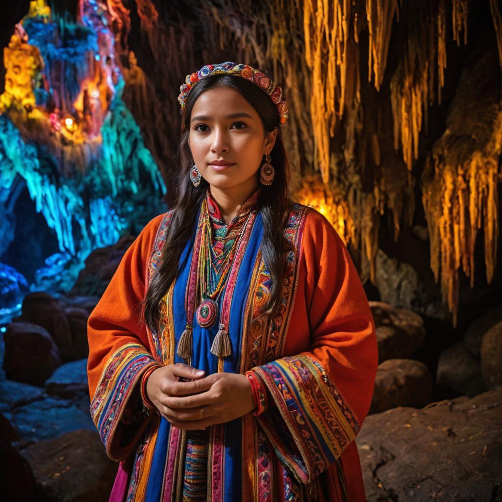 Woman in Traditional Andean Attire in Cave