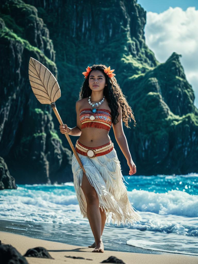 Confident Woman in Tropical Outfit on Beach Confident Woman in Tropical Outfit on Beach