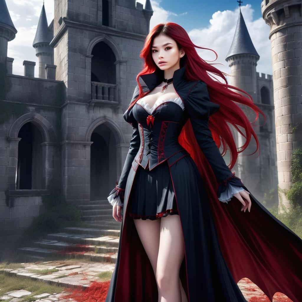 Confident Woman with Red Hair in Gothic Outfit at Medieval Castle