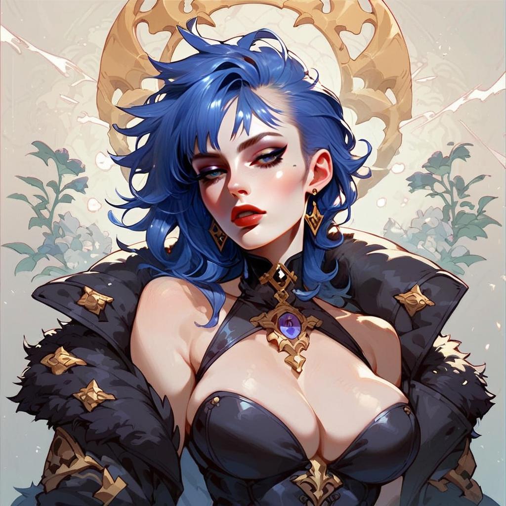 Anime Style Blue-Haired Woman in Ornate Fantasy Outfit Digital Art