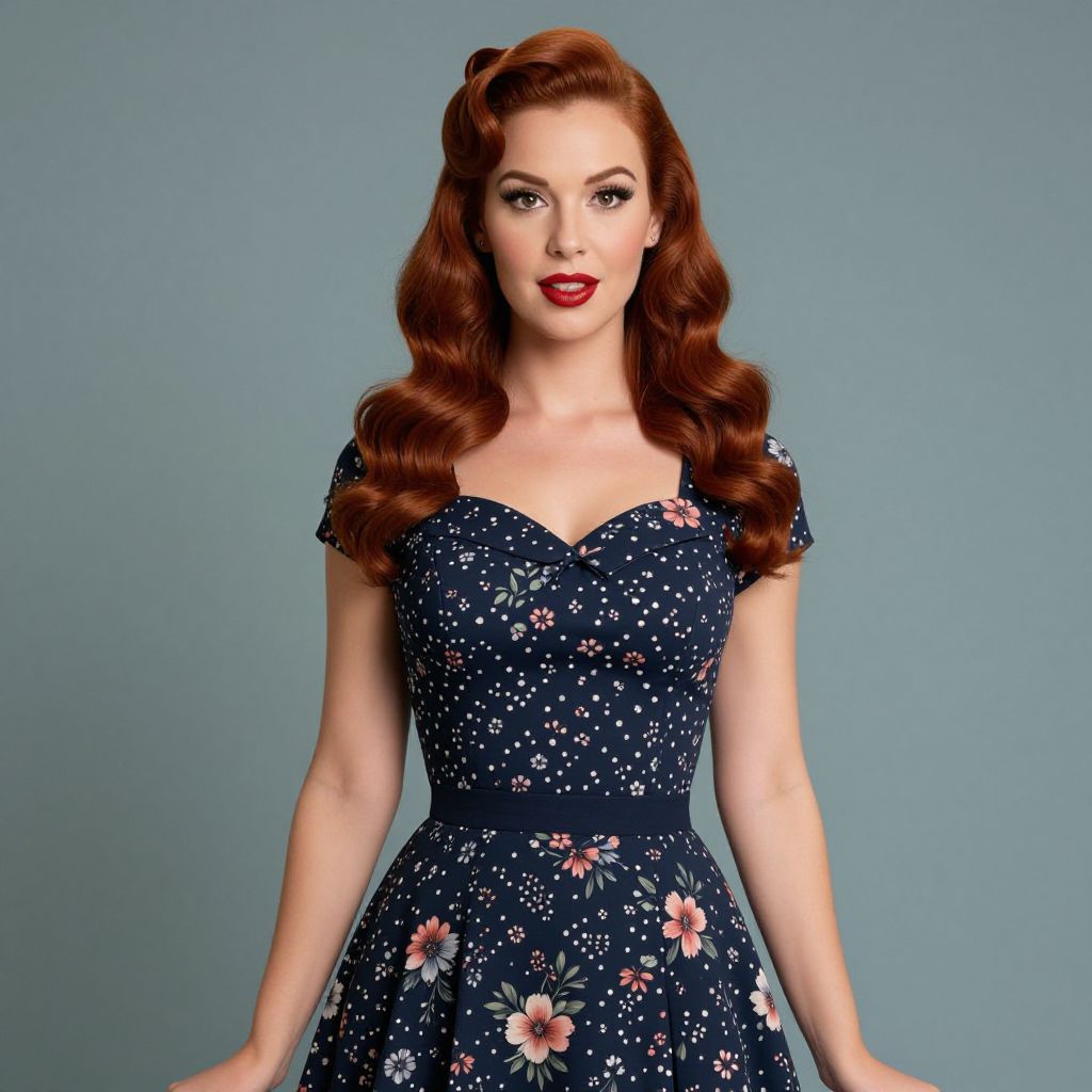 Vintage Style Woman in Floral Navy Blue Dress with Red Hair