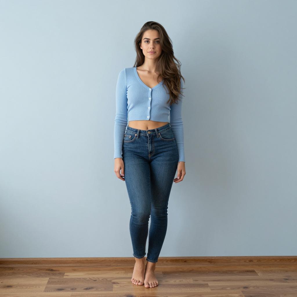 Young Woman in Light Blue Cropped Cardigan and Jeans Standing Barefoot