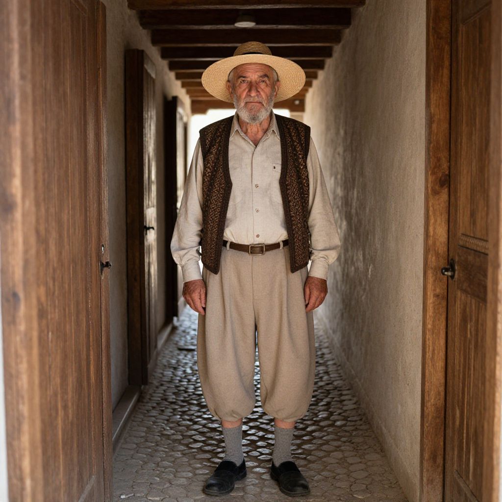 Elderly Man in Traditional Rustic Clothing Standing in Hallway