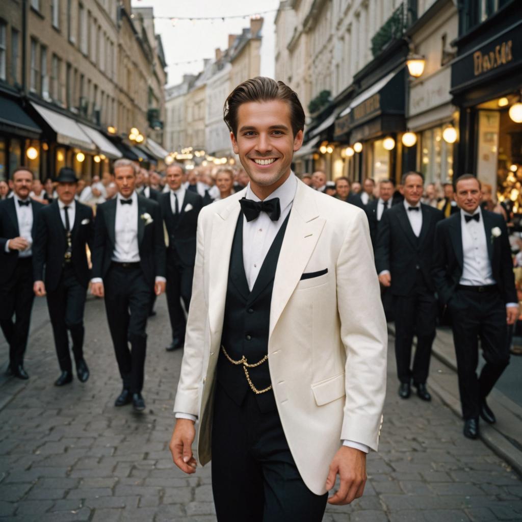 Smiling Man in White Jacket Leading Tuxedoed Group