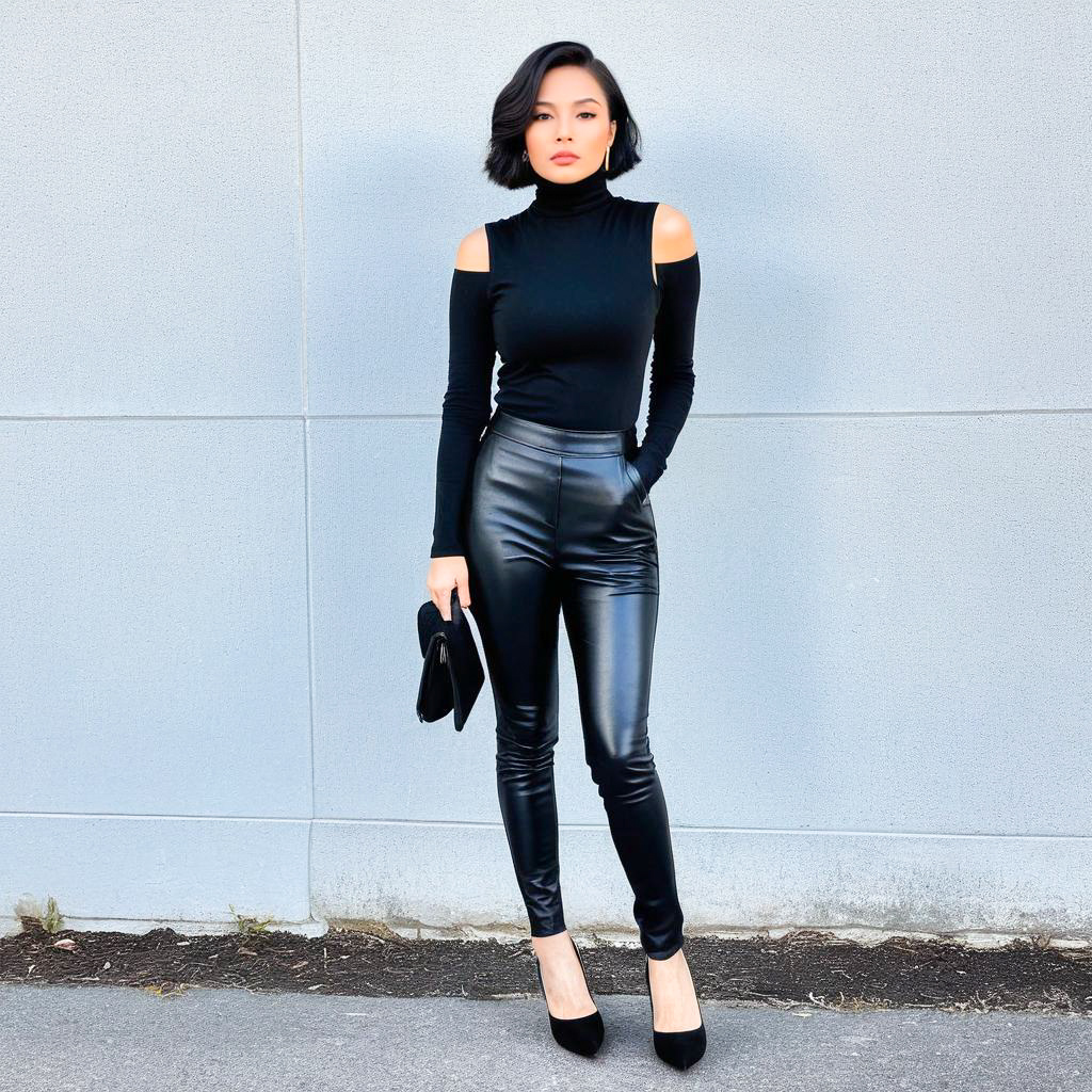 Confident Woman in Black Cold-Shoulder Top and Leather Pants Confident Woman in Black Cold-Shoulder Top and Leather Pants